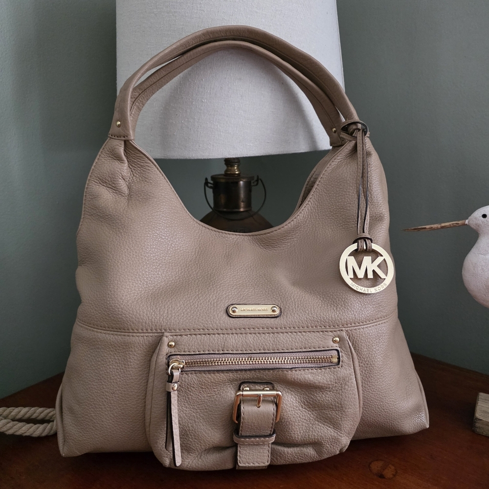 Michael Kors Austin Large Taupe Pebbled Leather Hobo Shoulder Bag